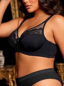 Divavoom Plus Size Solid Color Mesh & Lace Patchwork Underwire Bra - Black - View 5