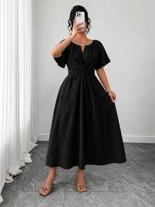 Elenzga Abito a-line da donna taglie forti, elegante, con design collo cavo in perle di legno e vita stretta - nero - Visualizzare 5