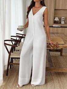 EMERY ROSE White Cotton-Linen Sleeveless V-Neck Loose Wide-Leg Jumpsuit, Casual Resort, Summer Workwear, Pastoral Style - White - View 4