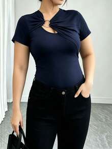 Elenzga Elegant Slim Fit Short Sleeve Plus Size Navy Blue T-Shirt, Suitable For Spring, Summer, Autumn - Navy Blue - View 4