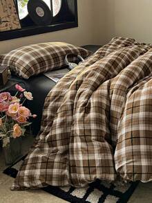 Cirelle 3pcs Brown Plaid Microfiber Duvet Cover Set, Soft Breathable Polyester Plaid Bedding Set With Zipper Closure & Pillowcases, Vintage Plaid Comforter Cover For Bedroom Decor (No Insert) - Multicolor - View 5