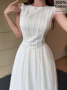 Feyla Women's Solid Color Round Neck Sleeveless Minimalist Mid-Length Summer Dress - White - View 4