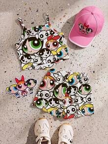 THE POWERPUFF GIRLS X SHEIN GraphicGems 少女全印花不對稱下擺吊帶背心與短褲套裝 - 彩色 - 查看 3