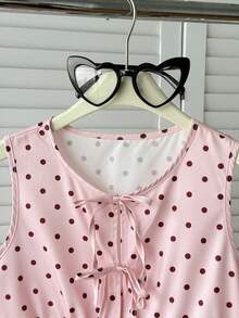 SHEIN Tween-Mädchen Lässig Alltags Urlaubs Rosa Braun Polka Punkte Bedrucktes Crop Top mit Schleife, Rosa Elegantes Top, Sommer Tops, Sommer Bluse - Pink - Übersicht 6