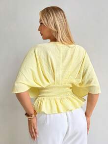 Auralis Navy Blue Faux Denim Deep V Pleated Wrap Bust Plus Size Short Sleeve Blouse/Elegant Commute Office Wear Top/Elastic Ruched Waist Ruffle Hem Blouse - Yellow - View 4