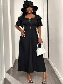 SHEIN Elegant Sexy Minimalist Daily Wear Golf Dinner Date Formal Dress, Ruffle Double-Layer Sleeves, Flared Skirt, Church Summer Black - Black - View 9