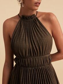 Travachic Women's Spring/Summer Elegant Sexy Commuting Travel Pleated Halter Tie Waist Dress Golf Pastal - Coffee - View 2