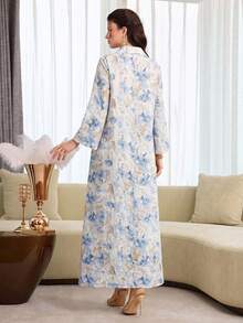 Yasmyna Collared Button-Front Printed Long Shirt, Multi-Color    Contrast Piping Blue Formal Casual Traditional For Women Dress - Blue - View 5