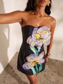 Opulessa Women's 3D Floral Decor Fashion Bandeau Mini Dress - Black - View 7