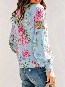 EMERY ROSE Women's Floral Print Fashion Flare Cuff Blouse For Vacation Light Blue Floral Autumn Boho - Multicolor - View 2
