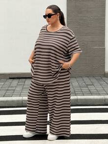 SHEIN CURVE+ Plus Size Brown Striped T-Shirt And Pants Casual 2 Pieces Set, Summer - Multicolor - View 4