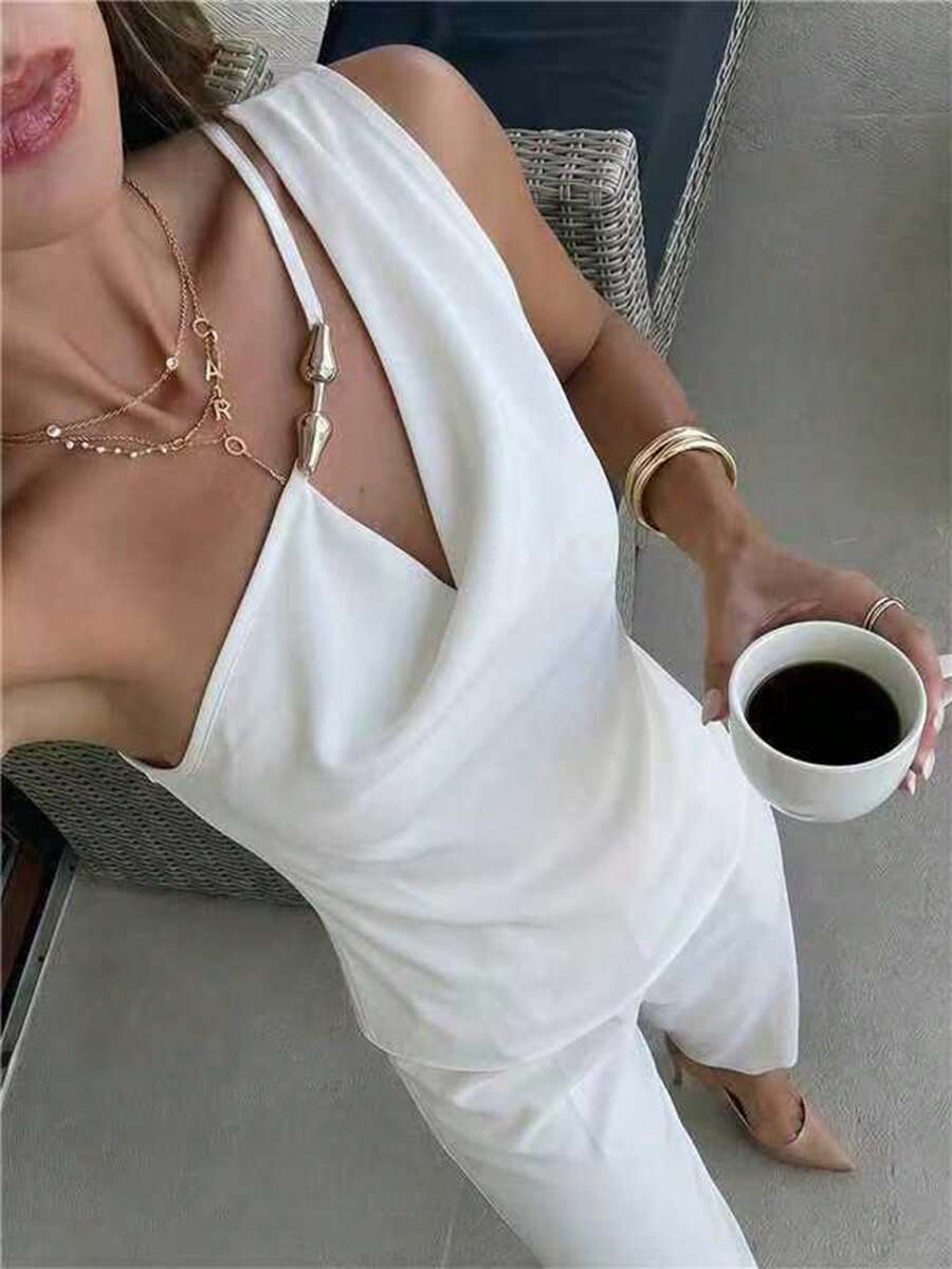 Firerie Solid Color Elegant Asymmetric Neckline Design Sleeveless Top White One Sided Top For Women,Summer Top - White - View 1
