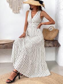 Wandoria Women's V-Neck Sleeveless Dress With All-Over Print And Ruffled Hemline For Summer Maxi Vacation Beach Outfit - White - View 3