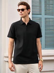 Blueprint 男士单件 Polo 衫，黑色翻领短袖 Polo 衫，轻薄成熟商务风上衣，适合日常通勤 - 黑色 - 查看 4