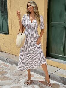 SHEIN PariChic Women's Summer Vacation All-Over Print Overlap Collar Short Sleeve Dress White Floral Boho - White - View 3