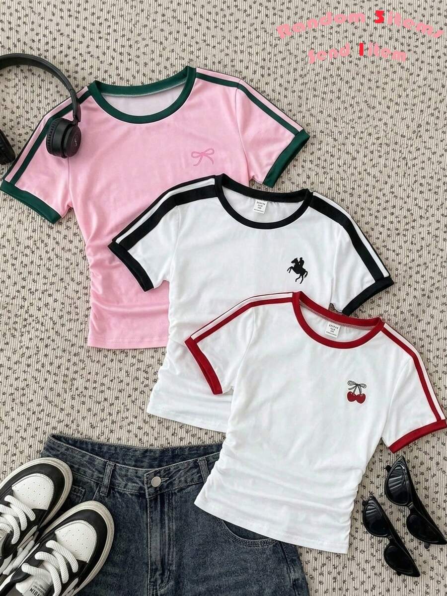 SHEIN Tween Girl Fashion Casual Homewear Street Ruched Horse Print Contrast Color Ribbed Knit Crop Top, Retro Collegiate Color Block - Multicolor - View 1