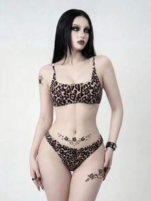 ROMWE Goth 女款休閒度假海灘派對優雅豹紋細肩帶比基尼兩件式泳衣，夏季新款 - 彩色 - 查看 4