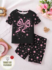 [Random Assortment]Young Girls Pajamas Spring/Summer New Fashion Cute Girls.Rabbit.Mermaid.Cat.Bow Combination Hot-Selling Pattern Print, Knitted Tight Fit High Elastic Fabric Short Sleeve Shorts Pajama Set Tight Fit Pajama (Random Shipment) - Multicolor - View 3