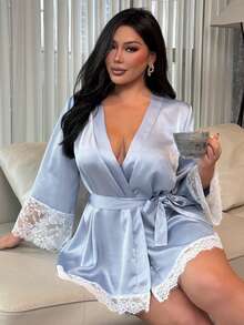 Dazy Plus Satin Twill Blue Contrast Lace Elegant Tie-Waist Short Plus Size Women Spring/Summer/Autumn Sleepwear Robe Pajamas - Blue - View 6