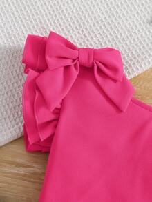 SHEIN Young Girl Summer Fashion Solid Color Bowknot Decor Layered Ruffle Armhole Cropped Top - Hot Pink - View 4