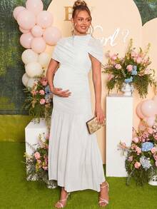 Loomaby Pregnant Women Solid Color Ruched Fishtail Hem Elegant Dress - White - View 2