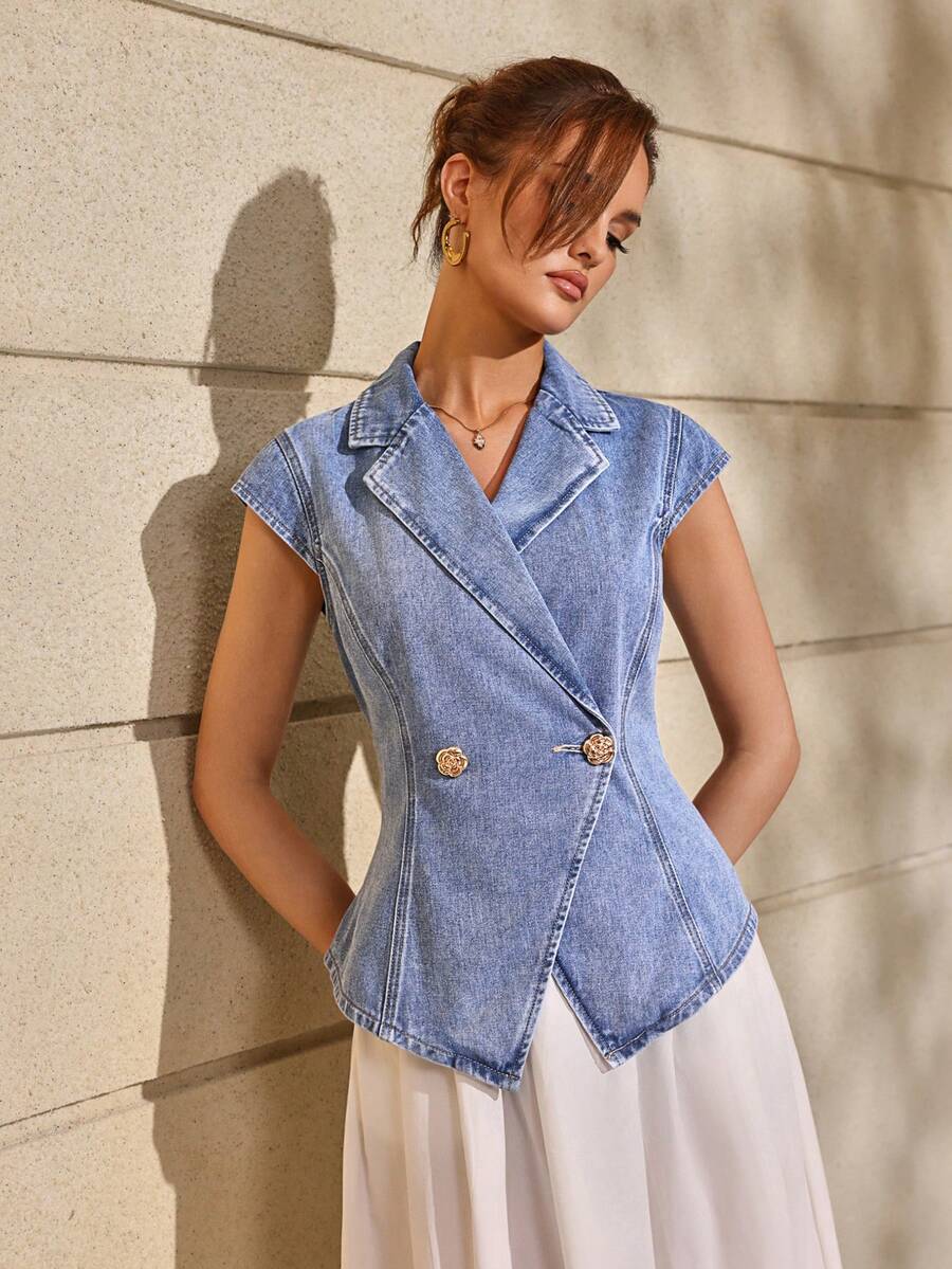 Selenza 女士休闲日常通勤翻领短袖双排扣牛仔夹克，夏季 - 藍色 - 查看 1