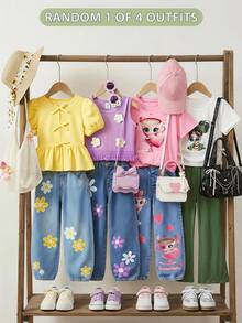 SHEIN 两件套少女纯色可爱图案褶皱休闲T恤和喇叭裤套装 - 彩色 - 查看 2