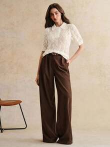 Anewsta Top tricoté vintage pour femmes avec col polo, manches bouffantes ajourées à motif floral, été - Beige - Voir 6