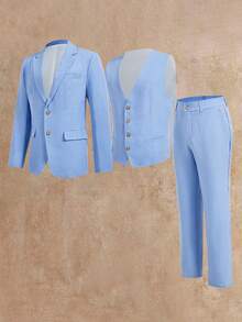 HIMLAND 3-teiliges Slim-Fit-Freizeitanzug-Westen-Set für Herren, geeignet für Frühling und Herbst, Bürokleidung, Urlaub, Vatertagsgeschenke - Blaublau - Übersicht 3