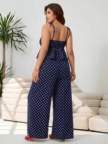Solflare Navy Blue Plus Size Polka Dot Print Camisole And Casual Pants 2 Pieces Set - Navy Blue - View 2