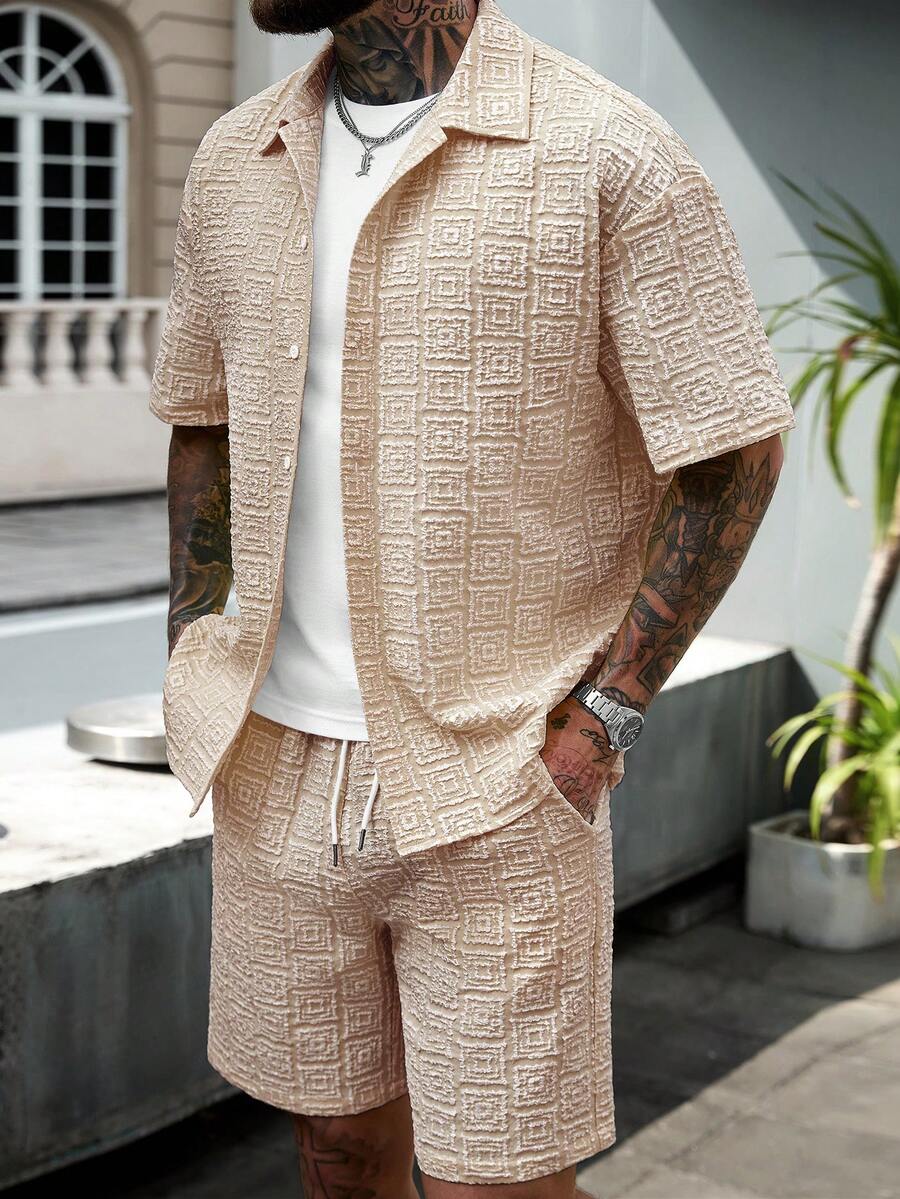 Manfinity CasualCool Camisa casual tejida con textura para hombres - Caqui - Ver 1