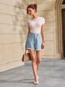 Selenza Women's Rhinestone Shiny Pocket Button Frayed Denim Shorts Vacation Light Blue Floral Summer Casual - Blue - View 5