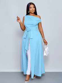 SOLERSUN Women's Plus Size Asymmetrical Neck Blouse Split Thigh Tie Front One Shoulder Shirts - Blue - View 5