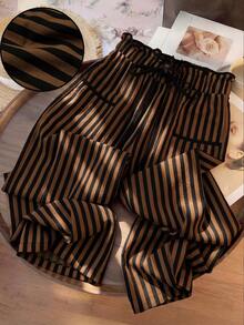 EMERY ROSE Pantalones rectos de cintura alta con efecto estilizante a rayas, adecuados para atuendos de verano en tallas grandes - Café integral - Ver 1