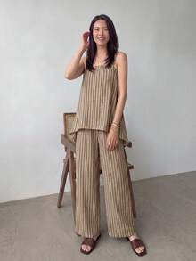 Yumoku 女士条纹不对称下摆吊带背心和裤子休闲两件套 - 棕色 - 查看 1