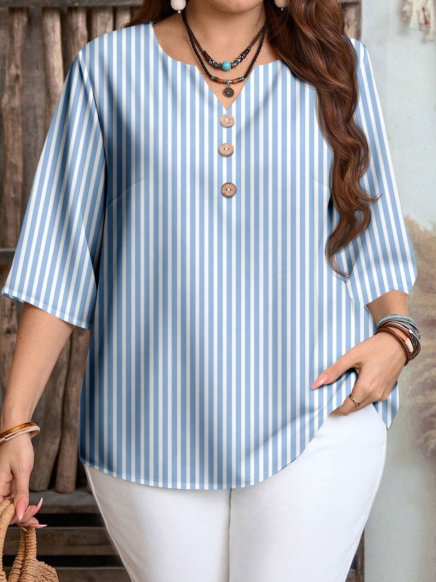 EMERY ROSE Striped Casual Minimalist Plus Size Shirt Suitable For Summer - Multicolor - View 1