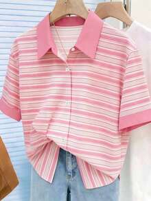 INAWLY Pink And White Striped Casual Shirt For Summer Back-To-School School - Pink - View 4