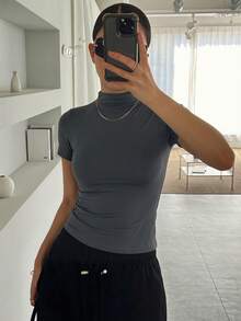 DAZY Women's Solid Color High Neck Ruched Fitted Casual Short Sleeve T-Shirt - Grey - View 4