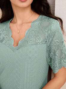 Lacomfia V-Neck Contrast Lace Textured Knit Mid-Length Dress For Women - Aqua Green - View 3