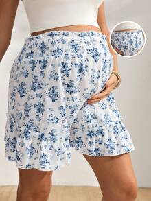 SHEIN Maternity Floral Print Vacation Elastic Waist Ruffle Hem Shorts Gender Reveal White Summer Casual - Blue and White - View 8