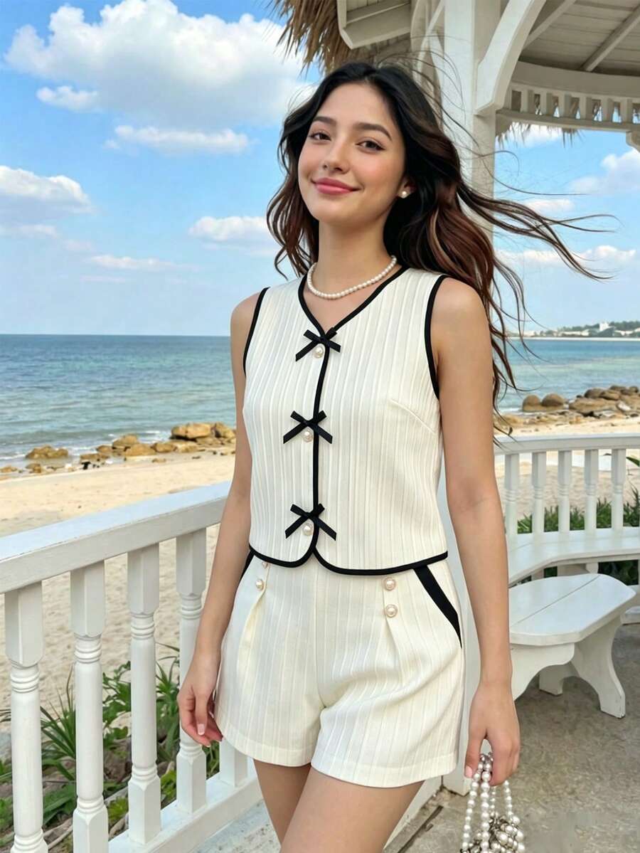 ChillGRL 青少年女孩夏季無袖上衣與短褲兩件套,圓領開襟衫附蝴蝶結鈕扣,梭織面料柔軟舒適,適合派對,白色 - 黃色 - 查看 1