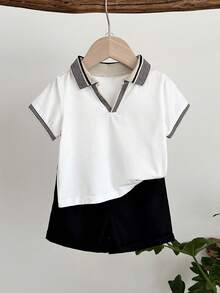 Cozy Pixies Set 2 Potong Baju Bayi Laki-laki Rajut Lembut Kerah Polo Lengan Pendek dan Celana Pendek Pinggang Elastis - MultiWarna - View 7