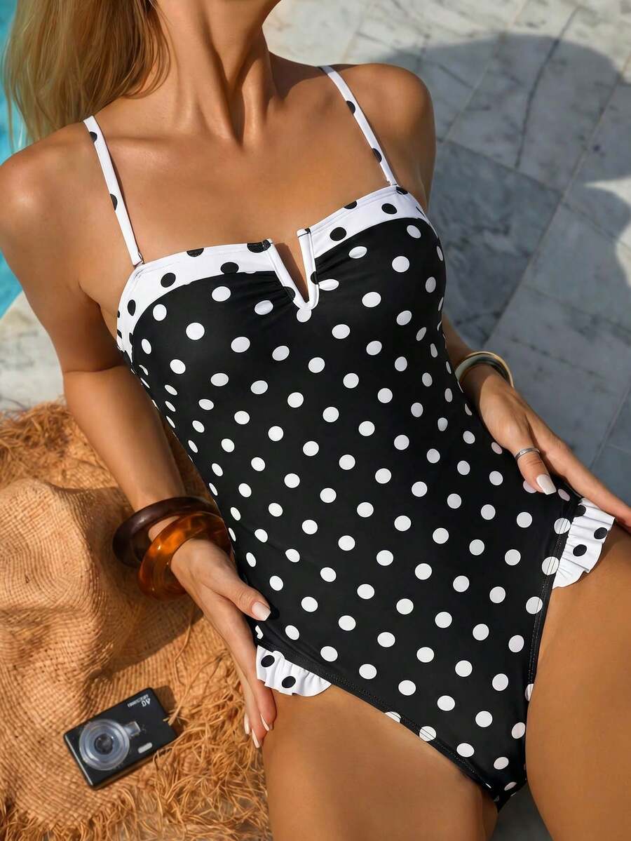 Swim Mod 2026 Spring/Summer New Polka Dot Contrast Color Frill Trim One-Piece Swimsuit For Women - Black and White - View 1