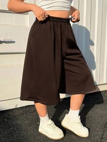 Muchica Plus Size Spring Summer Casual Ultra Wide Leg Solid Color Elastic Waist Capri Sweatpants - Chocolate Brown - View 6