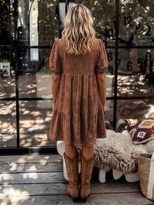 LanaWest Đầm nữ dệt jacquard đính tua rua và mặt dây chuyền, gấu bèo nhún, phù hợp mặc hàng ngày, đi du lịch, đi làm và hẹn hò - màu nâu - Xem 2