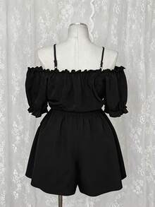 Sunspun Plus Size Summer Casual Solid Color Off-Shoulder Spaghetti Strap Romper - Black - View 2