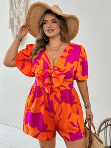 SHEIN CURVE+ Plus Size Women's Holiday Island Romantic Orange And Pink Color Blocked Printed Tie Front Bow Short Sleeved Loose Cut Jumpsuit South Beach Women's Summer Women's Summer Women's European Summer Suits Women's Cute Summer Beach Wear Bohemian Women's Wear Pretend Women's Wear Pretend Women's Wear Pretend Women's Hip-Hop Wear Women's Easter Wear Women's Carnival Wear Country Concert Wear Nashville Wear Ibiza Wear - Multicolor - View 4