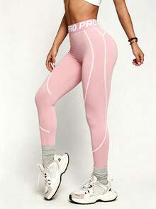 Slayform Quần legging thể thao nữ màu đen ôm sát dài 3/4 với cạp tương phản và điểm nhấn sọc, phù hợp mặc thường ngày, chạy bộ, yoga, gym, tennis, golf - Hồng - Xem 4