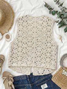 Levarali Plus Size Women Fashionable Bohemian Tie Front Sleeveless Cardigan Fall - Camel - View 2