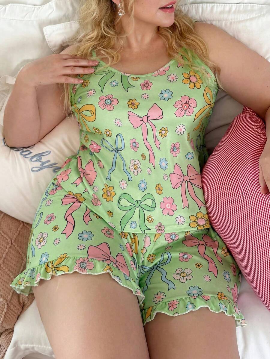Slumberry CURVE Sweet Bow Strap Plus Size Pajama Set - Multicolor - View 1